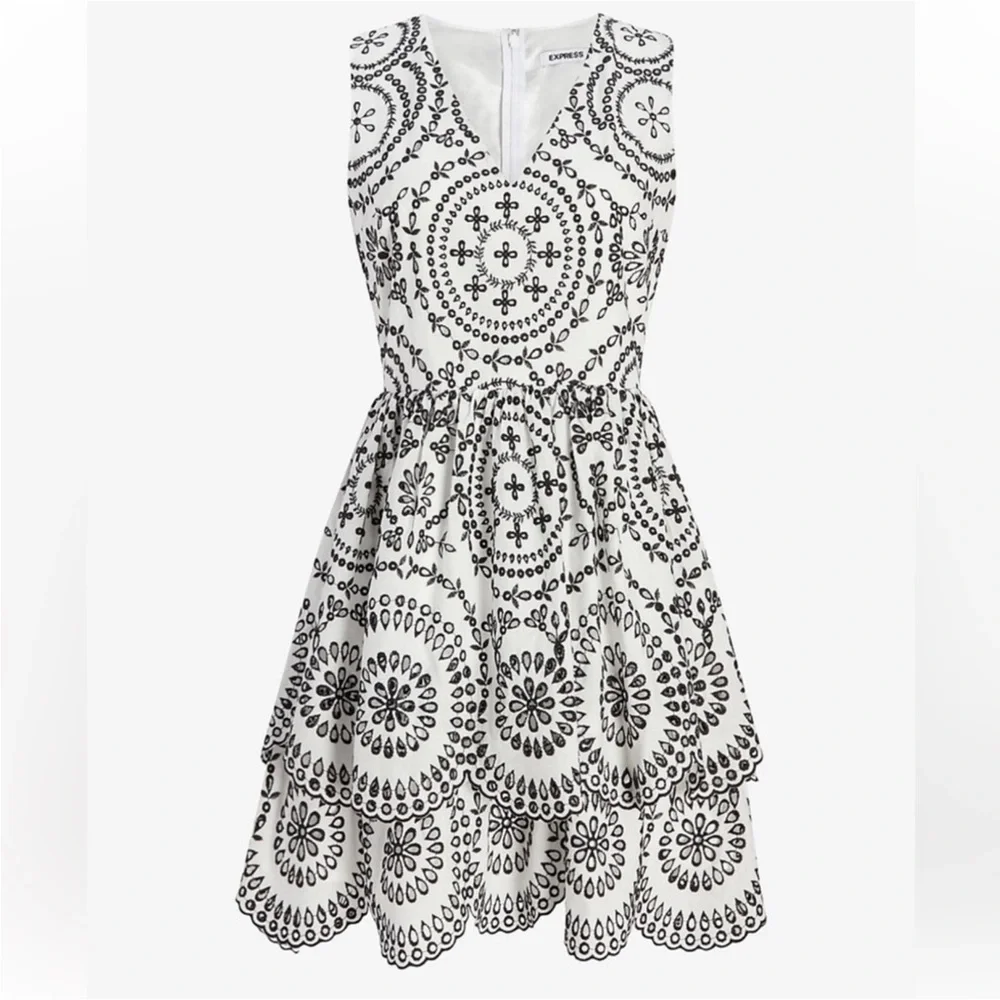 Express Black & White Embroidered Eyelet Tiered Fit & Flare Dress - Picture 11 of 12